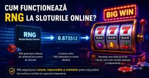 Infografic despre funcționarea RNG la sloturile online cu aparat de sloturi, jetoane si zaruri de cazino pe un fundal blurat