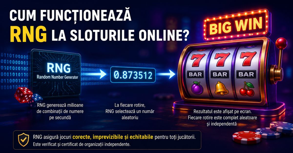 Infografic despre funcționarea RNG la sloturile online cu aparat de sloturi, jetoane si zaruri de cazino pe un fundal blurat
