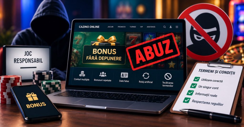 magine ilustrativă despre abuzul de bonus la cazinourile online, reprezentat prin utilizarea necorespunzătoare a promoțiilor, conturi multiple, informații false și încălcarea termenilor și condițiilor.