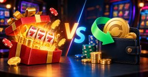 Comparație între bonusul fără depunere și cashback la cazinouri online, ilustrată prin simboluri pentru bonus și returnarea unei părți din bani.