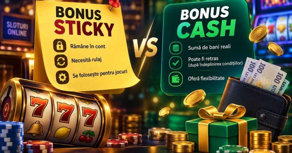 Comparație vizuală între bonusul sticky și bonusul cash la cazinourile online, cu sloturi, jetoane, bancnote și cutii cadou