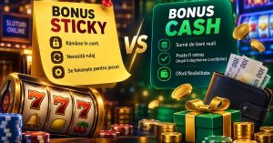 Comparație vizuală între bonusul sticky și bonusul cash la cazinourile online, cu sloturi, jetoane, bancnote și cutii cadou