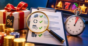 Imagine ilustrativă despre evaluarea rapidă a unui bonus de cazino online, cu o listă de verificare, lupă, cronometru și simboluri asociate bonusurilor. Elementele sugerează verificarea unor condiții precum rulajul, valabilitatea și limitele aplicabile înainte de utilizarea bonusului.