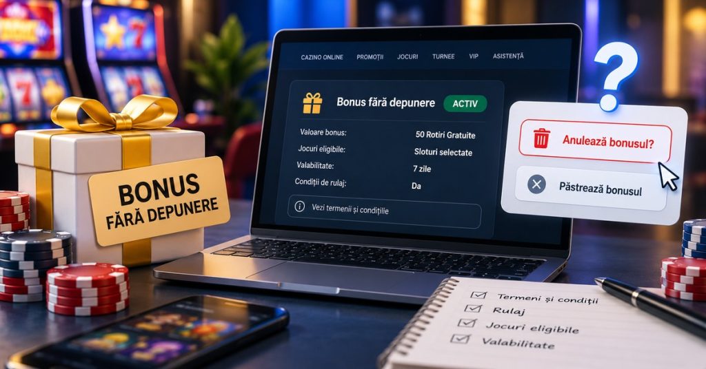 Imagine ilustrativă despre opțiunea de anulare a unui bonus fără depunere activ, cu un laptop pe care sunt afișate informațiile bonusului, opțiunile de anulare sau păstrare și elemente care sugerează verificarea termenilor și condițiilor, a rulajului și a valabilități