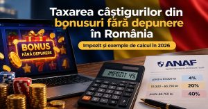Imagine ilustrativă despre taxarea câștigurilor din bonusuri fără depunere în România, cu elemente vizuale asociate impozitării, retragerilor și calculului sumelor în 2026