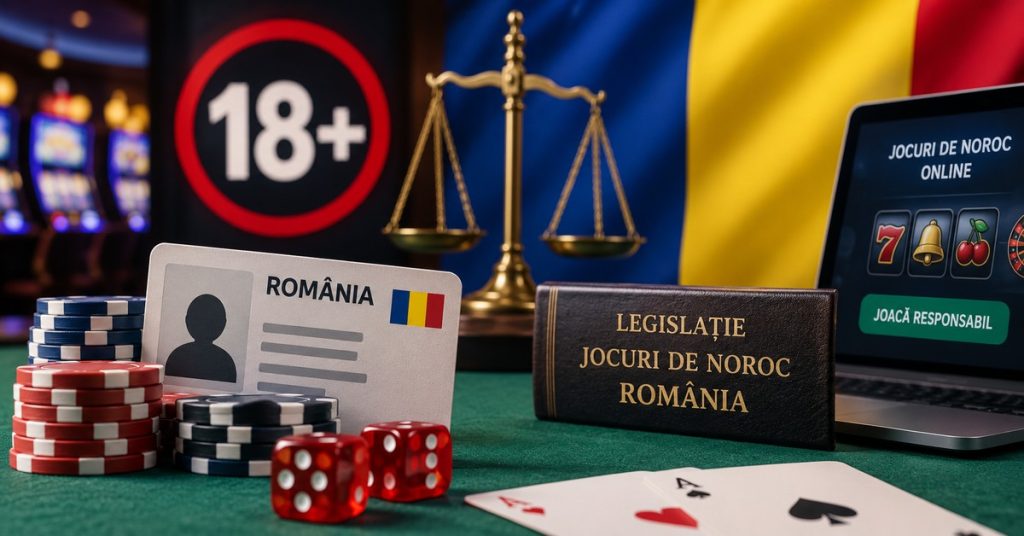 imagine ilustrativă despre vârsta legală pentru participarea la jocuri de noroc în România, cu simbolul 18+, elemente asociate legislației și verificării identității, alături de reprezentări ale jocurilor de cazino online și tradiționale