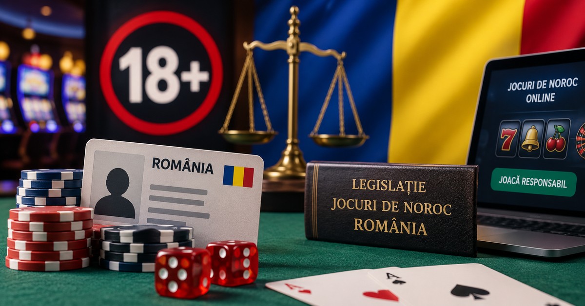 imagine ilustrativă despre vârsta legală pentru participarea la jocuri de noroc în România, cu simbolul 18+, elemente asociate legislației și verificării identității, alături de reprezentări ale jocurilor de cazino online și tradiționale