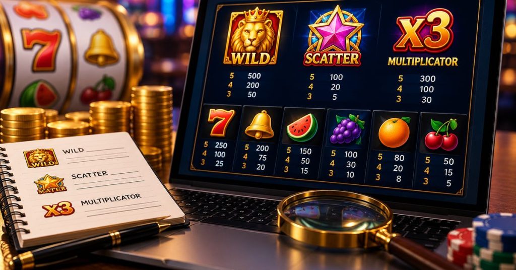 simboluri wild, scatter, multiplicatori, simboluri cu fructe si cifre afisate pe un ecran de laptop