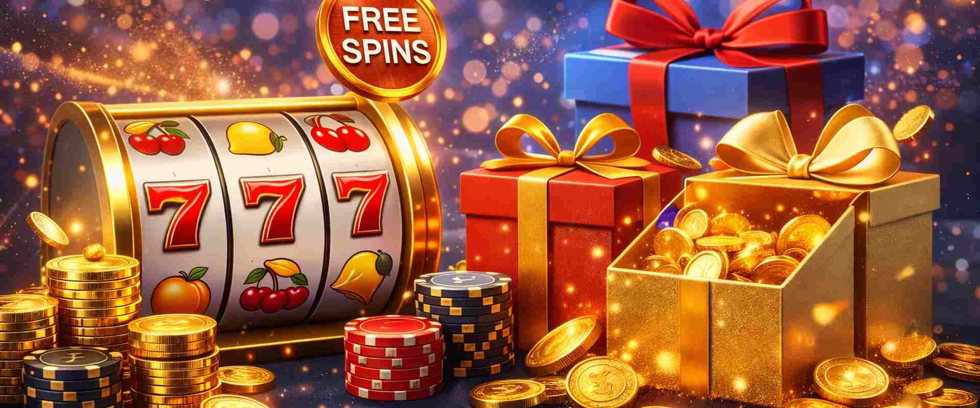 sloturi, jetoane, cutii cadou toate pe un fundal festiv